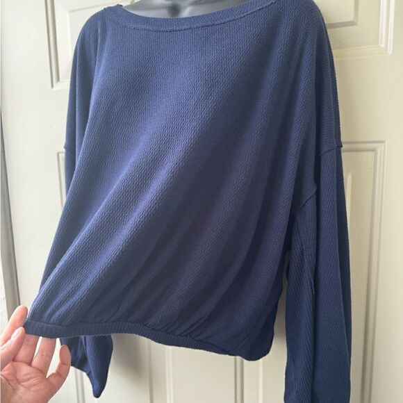 Free People Cuddle Bubble Mixed Knit Top In Navy Blue Size L - Picture 8 of 10